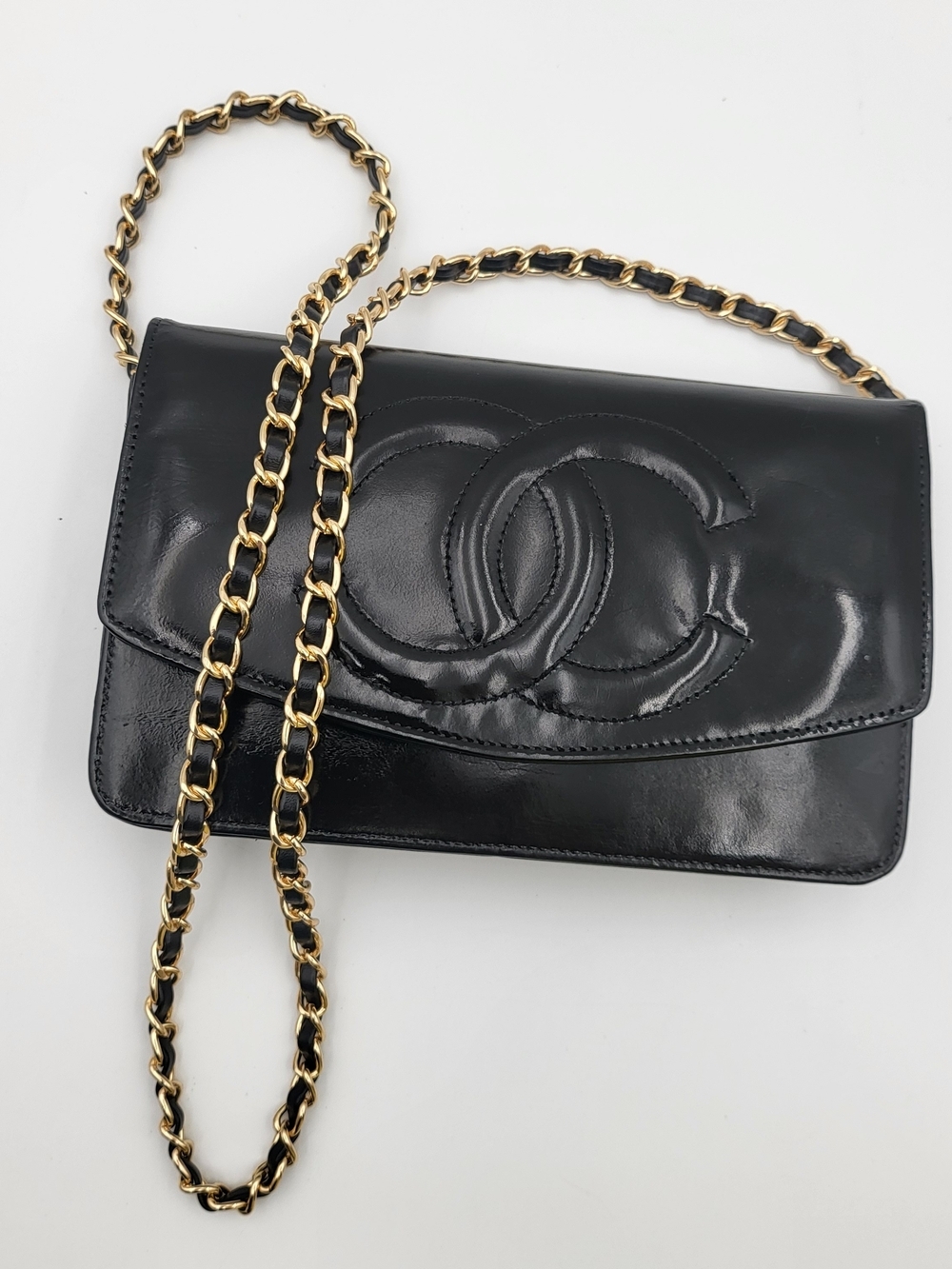 CHANEL Patent Lambskin Leather Timeless CC Wallet On Chain WOC, Authentic..